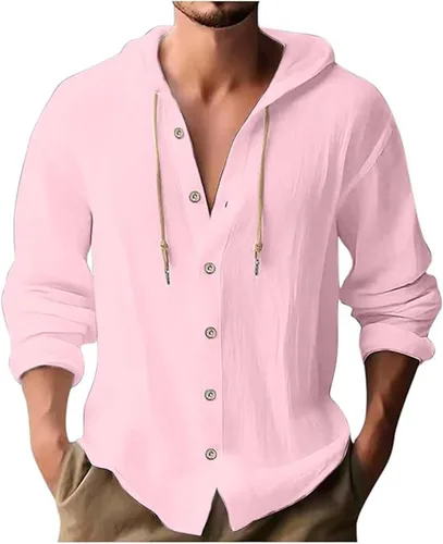 Vista 27 de Camisas de lino para hombre, casual, con botones, de verano, algodón, lino, con capucha, para playa, manga larga, con capucha