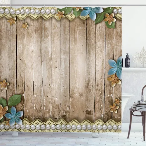 Vista 110 de Ambesonne Decor Collection, juego de cortina con ganchos para regadera Amarillo y marrón