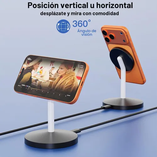 Vista 6 de Cargador inalámbrico magnético y soporte de teléfono 15W estación de carga Negro