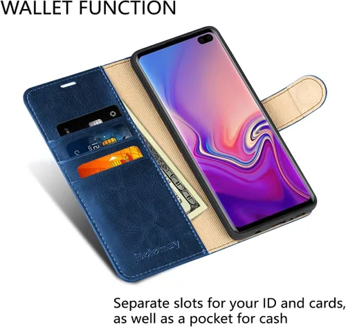 Vista 2 de Belemay Funda tipo cartera para Samsung Galaxy S10, piel de vaca auténtica, funda tipo libro tipo folio, ranuras para tarjetero, bolsillos