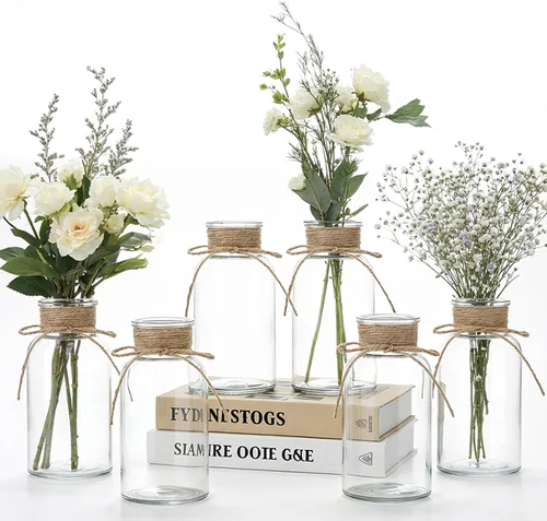 Vista 8 de Jarrones de cristal para centros de mesa, jarrones cilíndricos bohemios en tarros de masón a granel para bodas, fiestas de granja y decoración Azul