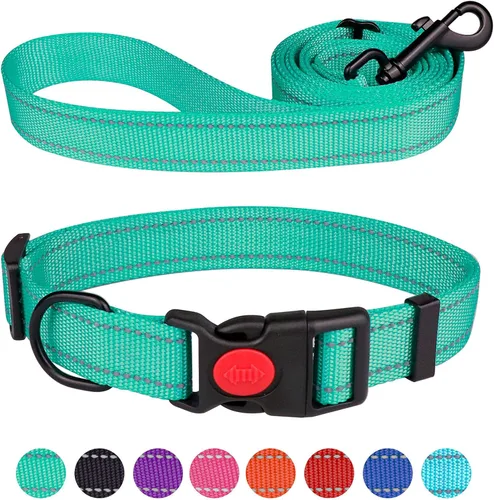Vista 8 de Juego de collar y correa reflectante para perro con hebilla de bloqueo de seguridad, collares de nailon para mascotas ajustables para perros Negro