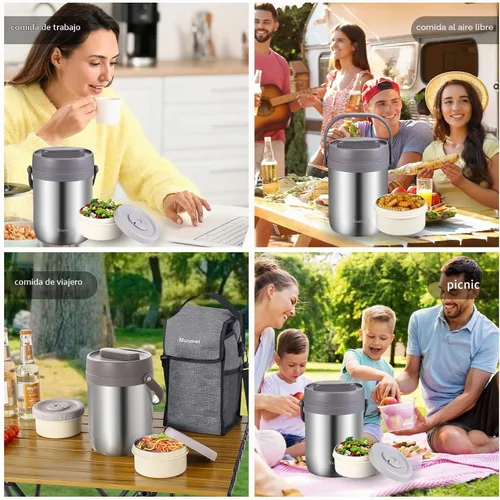 Vista 6 de Lonchera para adultos con vacío, termo para sopa con insertos, lonchera bento apilable, contenedor de almacenamiento, boca ancha, de acero