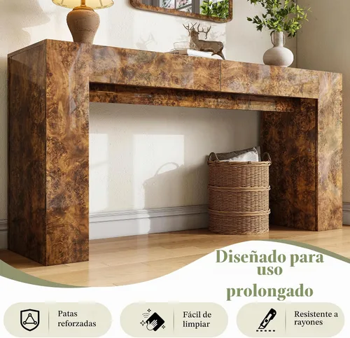 Vista 9 de AMERLIFE Mesa consola de madera Burl de 63 pulgadas con 2 cajones de Marrón