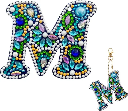 Vista 16 de YOYA Llavero de pintura de diamante de doble cara 5D, taladro completo A-Z, 26 letras de la A a la Z, kit de llaveros de arte de diamantes con gemas