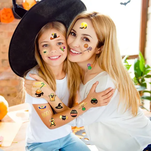 Vista 6 de Tatuajes temporales de Halloween para niños, calabaza, fantasma, bruja, regalos de fiesta de Halloween para niños o niñas, 126 piezas de tatuajes