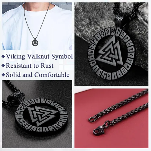Vista 4 de FaithHeart Collar de medalla vikinga para hombre, resistente acero inoxidable, collar con colgante de mitología nórdica retro con caja de regalo