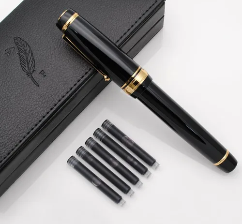 Vista 2 de Pluma estilográfica grande de metal, plumilla mediana de 0,7 mm, incluye convertidor de tinta y 5 cartuchos, acabado brillante pintado al piano Negro