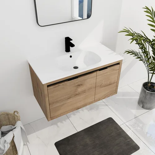 Vista 10 de Juego de tocador de baño de 24 pulgadas con lavabo de gel montado en la pared, diseño moderno, gabinete de montaje de flotador, tocador de baño