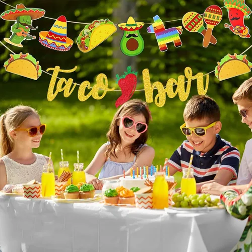 Vista 4 de Fiesta Taco Bar Banner Garland 2 juegos de fiesta mexicana fiesta bandera con cactus burro maraca sombrero taco pimienta para fiesta temática