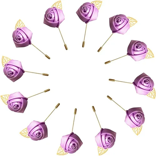 Vista 14 de 12 unids/lote Novio Boutonniere boda seda rosa (1.4 in) flores accesorios Prom Pin hombre traje decoración azul
