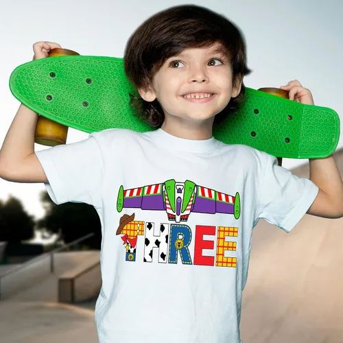 Vista 5 de Story Toy Camiseta de tercer cumpleaños Buzz Lightyear Traje niña niño 3er cumpleaños (4T) blanco