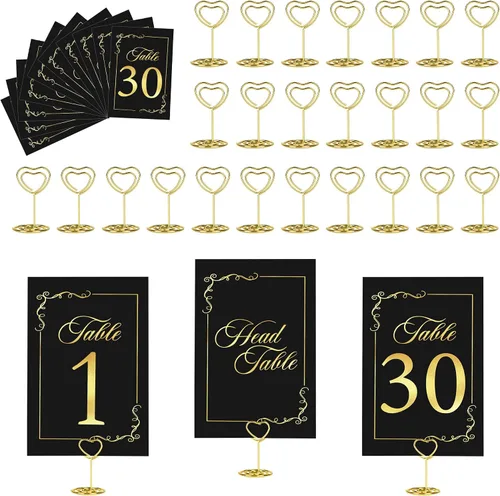 Vista 10 de JOYIT 21 juegos de tarjetas de mesa de boda del 1 al 20 y de la mesa principal con 21 soportes de números de mesas, tarjetas de números de oro negro