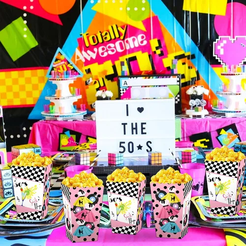 Vista 4 de JeVenis Cajas de palomitas de maíz para fiesta de calcetines de los años 50, decoraciones de fiesta temática de los años 50, decoraciones