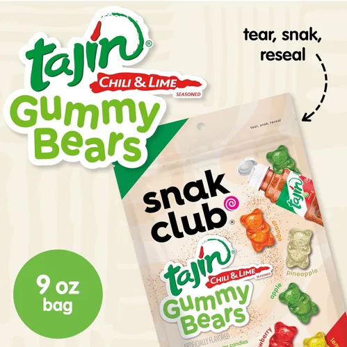 Vista 3 de Snak Club Tajin Ositos Gomosos, Gomitas de Dulce de Frutas Surtidas con Condimento de Chile y Lima, Suaves, Aperitivos Sin Gluten y Veganos, Bolsa