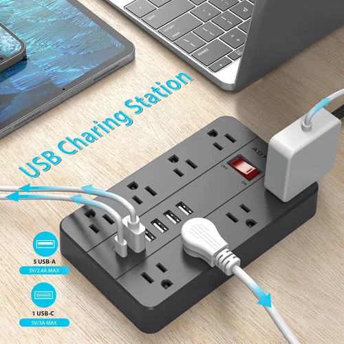 Vista 5 de Cable de extensión plano con protector de sobretensiones, tira de alimentación de enchufe plano, 8 tomas de corriente ampliamente espaciadas y 6