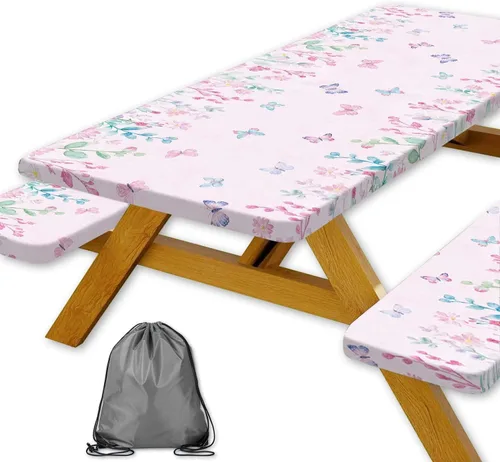 Vista 24 de Funda para Mesa de Picnic con Fundas para Bancos y Bolsa, Campista de Madera Impermeable Resistente al Viento, Cubierta de Mantel Ajustada con Borde