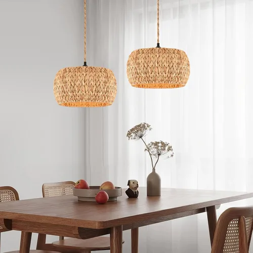 Vista 3 de ZECOXOL Lámparas colgantes enchufables con pantalla de lámpara tejida de ratán, luces colgantes bohemias con cable enchufable, interruptor
