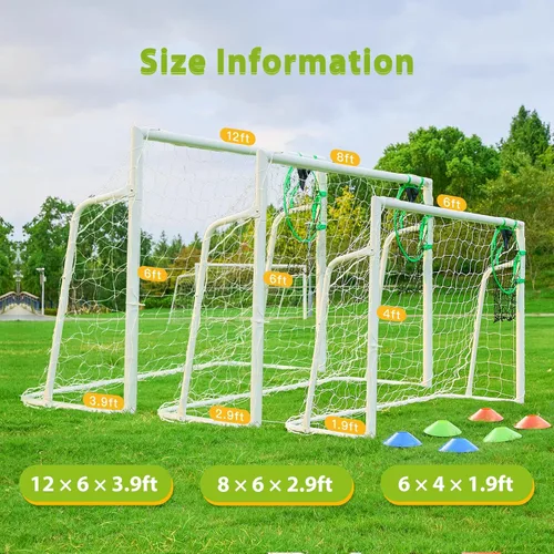 Vista 2 de Portería de fútbol de 12 × 6, 8 x 6 y 6 x 4 pies para patio trasero, portería de fútbol de acero de 2 pulgadas de diámetro para niños y adultos