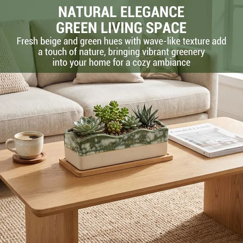 Vista 2 de MyGift Maceta rectangular para suculentas - Maceta decorativa de cerámica beige y verde glaseada con bandeja de bambú extraíble