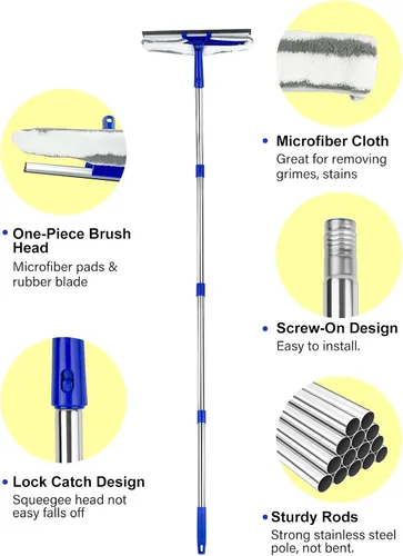 Vista 4 de ITTAR Kit de limpieza de ventanas, limpiador 2 en 1, limpiador de microfibra, mango largo de 61 pulgadas profesional para puerta de cristal