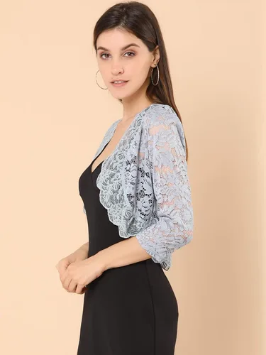 Vista 4 de Allegra K - Chaquetilla elegante para mujer de encaje floral traslúcido y manga 34