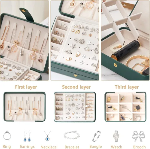 Vista 3 de KOOAAICCHI Joyero pequeño, organizador de joyas de viaje, cajas de joyería portátiles para mujeres y niñas, regalo de doble capa, soporte de joyería