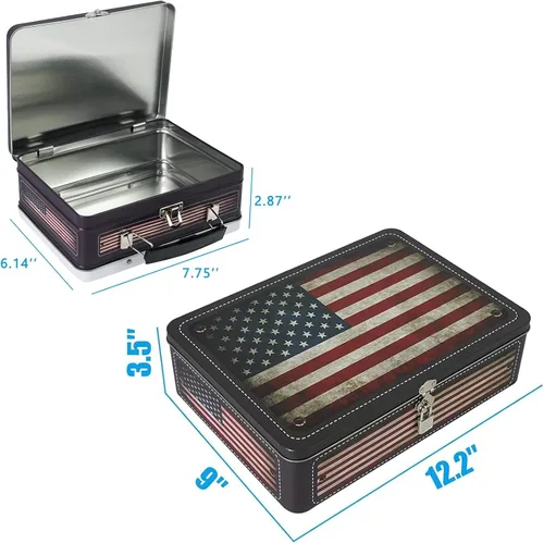 Vista 6 de Luwint Caja de almacenamiento decorativa, 12 pulgadas de largo x 9 pulgadas de ancho, estuche de metal para recuerdo con cerradura y llave y pequeña