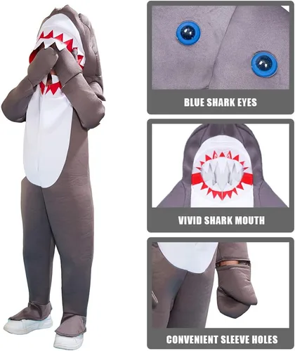 Vista 4 de ReneeCho Disfraz de tiburón para niños, pijama de Halloween, traje de animal marino