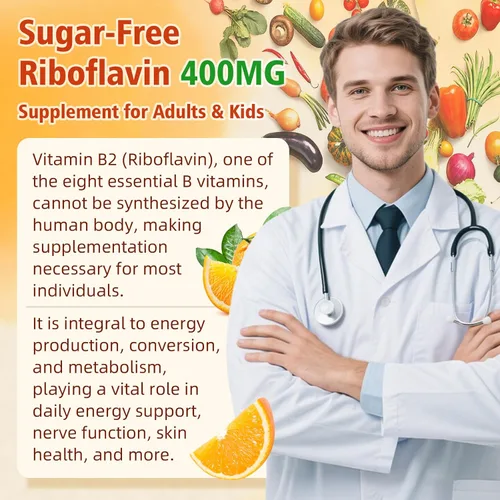 Vista 4 de Gomitas de vitamina B2 – Riboflavina de 400 mg para niños y adultos, alivio de la migraña y alivio del dolor de cabeza, veganas, sin azúcar, sabor