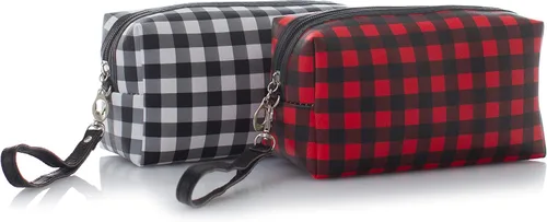 Vista 5 de Leisureland Bolsa de cosméticos de dos tonos de lona de algodón maquillaje bolsa de embrague, rojo (Buffalo Plaid Red)