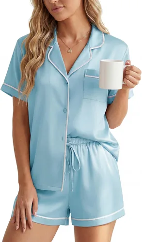 Vista 12 de LYANER Pijama de satén para mujer de seda de 2 piezas de pijama de manga corta con botones Azul brillante