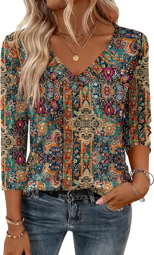 Vista 22 de Zeagoo Camisetas de manga 3/4 para mujer, cuello en V, blusa casual elegante, camisetas básicas 2026, ropa de moda S-2XL