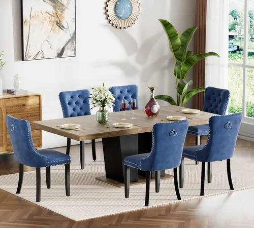 Vista 29 de Henf Juego de mesa de comedor extensible de 78 pulgadas para 6 mesas rectangulares de madera de 7 piezas con 6 sillas tapizadas de terciopelo, mesa