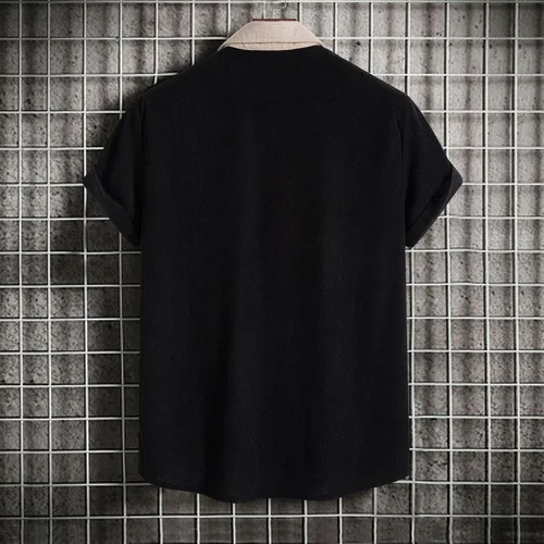 Vista 5 de Camiseta de manga corta con estampado de patchwork de lino y algodón para Hombre, blusa con botones bolsillo hawaiano