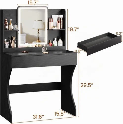 Vista 2 de Escritorio de maquillaje pequeño iluminado negro