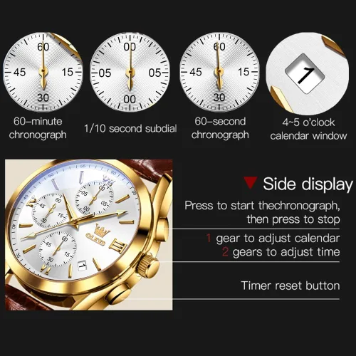 Vista 6 de OLEVS Reloj cronógrafo de cuarzo para hombre correa de cuero dorada con fecha de día reloj de pulsera de acero inoxidable impermeable relojes
