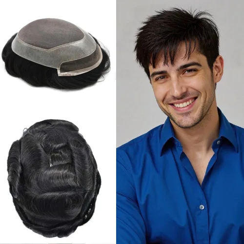 Vista 18 de Tupé de pelo para hombres Cabello humano para hombre Hairpieces y tupés Durable Fine Monofilament Mens Hair System Lace Front Mens Toupee Mens Hair