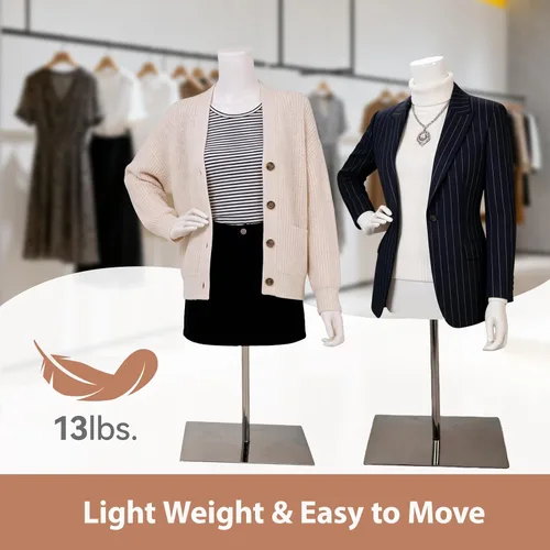 Vista 6 de Maniquí femenino de medio cuerpo blanco para la parte superior del cuerpo, elegante maniquí femenino con base estable, pantalla de forma de vestido
