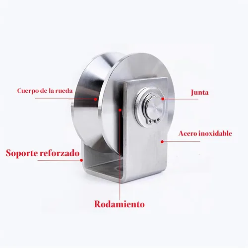 Vista 5 de 2 piezas de rueda de ranura en V de acero inoxidable resistente con polea de cable, bloque de polea para puerta corredera, rodillos con doble