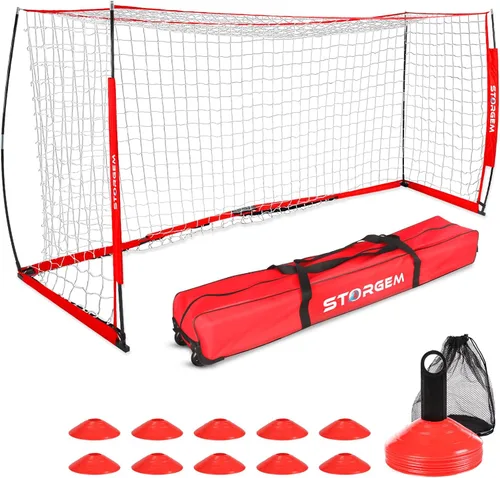 Vista 9 de Storgem Portería de Fútbol, Red de Fútbol, Porterías de Fútbol para Patio Trasero, con Marco de Lazo, Base Metálica Plegable y 15 Conos
