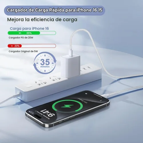 Vista 2 de Cargador de Carga Rápida para iPhone 16 15, Paquete de 2 Cargador USB C PD de 20W Bloque Tipo C con Cable de Carga Rápida USB C a C Cable Tejido