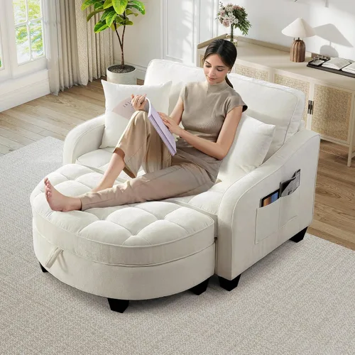 Vista 27 de Chaise Lounge Chair para interiores con puerto USB y soporte para teléfono, sillón reclinable pequeño de felpilla con otomana de almacenamiento