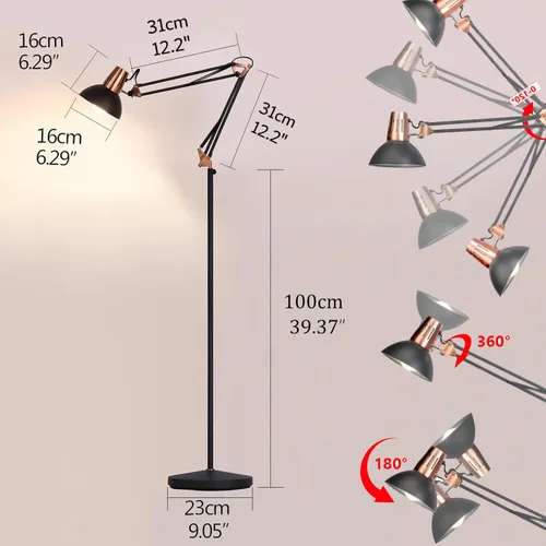 Vista 2 de Lámpara de pie LED FIRVRE, lámpara de pie giratoria vintage de metal, 3 modos de uso - lámpara de pie, lámpara de mesa y lámpara de clip, lámpara