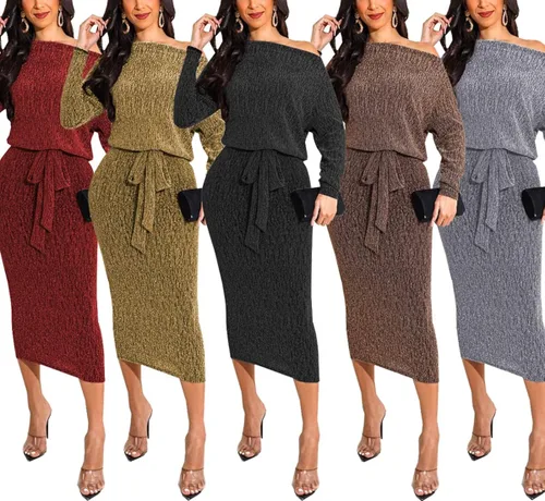 Vista 7 de Vestido sexy para mujer, brillante, básico, de manga larga, entallado, con lentejuelas, club, noche, fiesta, vestido midi