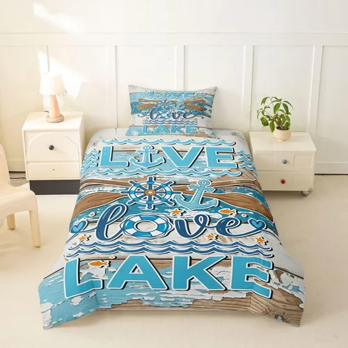 Vista 45 de Erosebridal Lake House Twin Bed Set for Boys Girls Kids, Blue and Beige Lakehouse 2Pcs Duvet Cover with Zipper, Rustic Farmhouse Bedding Sets