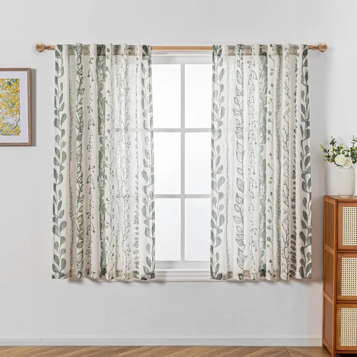 Vista 2 de MEETSKY Cortinas verde salvia de 63 pulgadas de largo, cortinas boho para sala de estar y dormitorio, cortinas semitransparentes de estilo lino