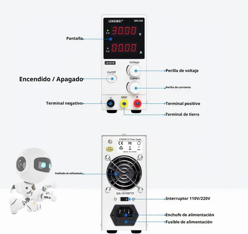 Vista 3 de LONGWEI Fuente de alimentación CC variable 30V 10A, pantalla LED 4-digital, fuente de alimentación de conmutación regulada ajustable de precisión