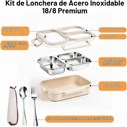 Vista 6 de Kit de lonchera de acero inoxidable 18/8 de 25 onzas (caja de bento + tenedor/cuchara), 3 compartimentos a prueba de fugas, caja de aperitivos