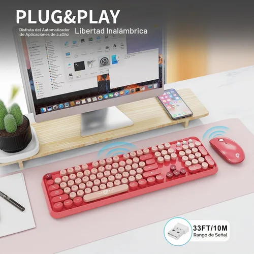 Vista 2 de Combo de teclado y ratón inalámbricos, teclado de máquina de escribir inalámbrico de tamaño completo de 2.4 GHz con teclas redondas para Windows